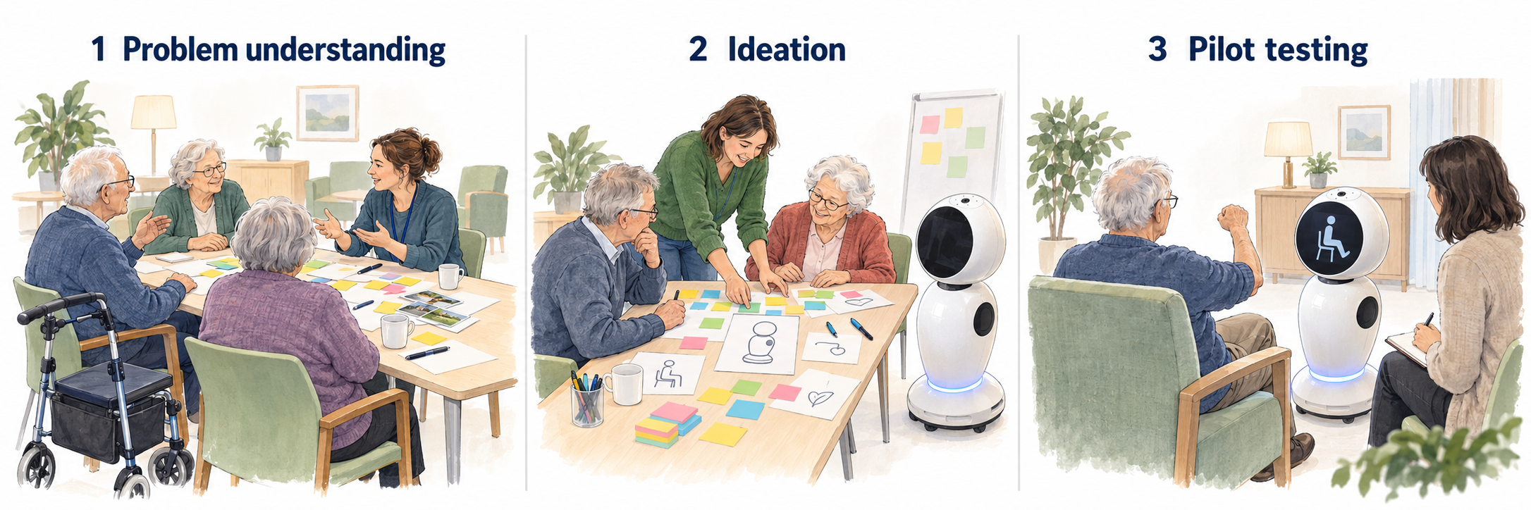 Three illustrated co-design sessions: older care-home residents and researchers discuss exercise needs, explore ideas alongside a robotic assistant, and try the robot in a seated exercise session.
