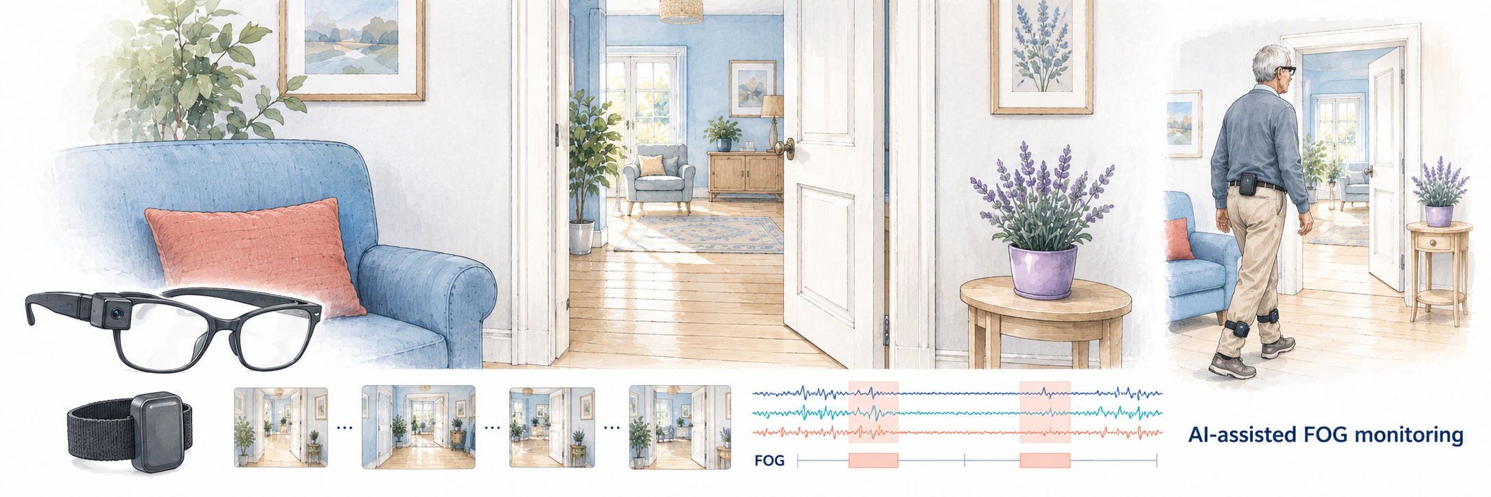 A first-person home doorway view with camera glasses, an IMU, synchronized video thumbnails and movement traces, a FOG-event timeline, and a small inset of an older wearer.