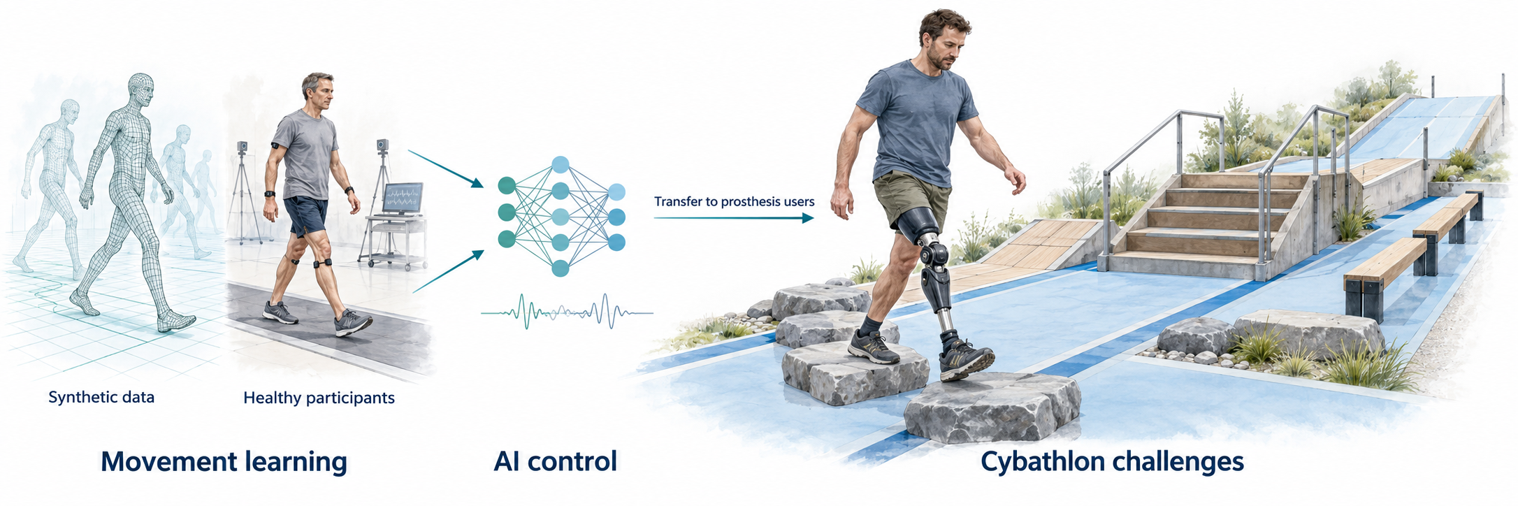 Synthetic walking models and a healthy participant feed an AI network that transfers learning to a user with a powered leg prosthesis on a Cybathlon-inspired course with uneven ground, ramps, stairs and balance obstacles.