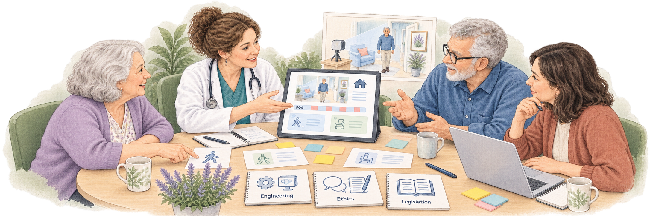 Two older patients, a clinician and a researcher discuss paper and tablet prototypes of a shared decision aid, with home-monitoring information and input from engineering, ethics and legislation.